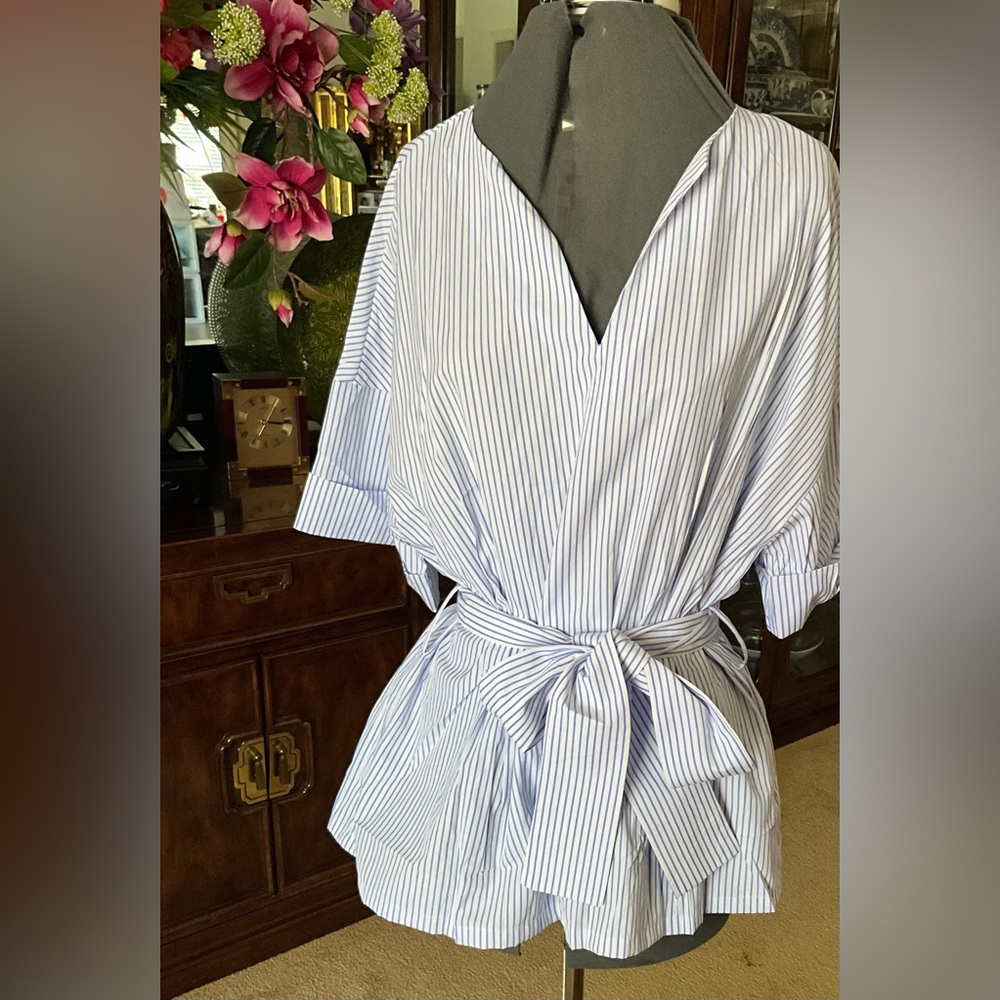 Striped Wrap Blouse with Waist Tie - Blue & White